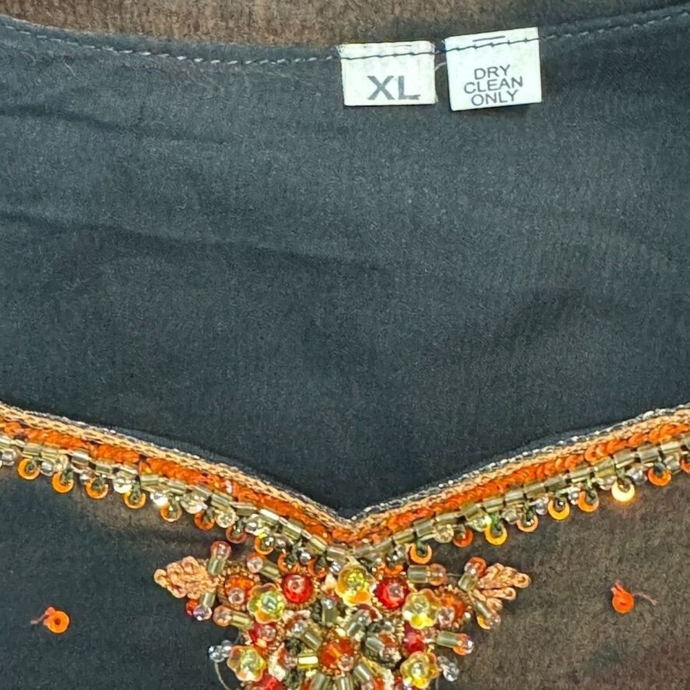 Vtg Beaded Sequined Sheer‎ Tunic Top XL Black Split Tie Sleeves Dark Whimsygoth - Picture 10 of 15